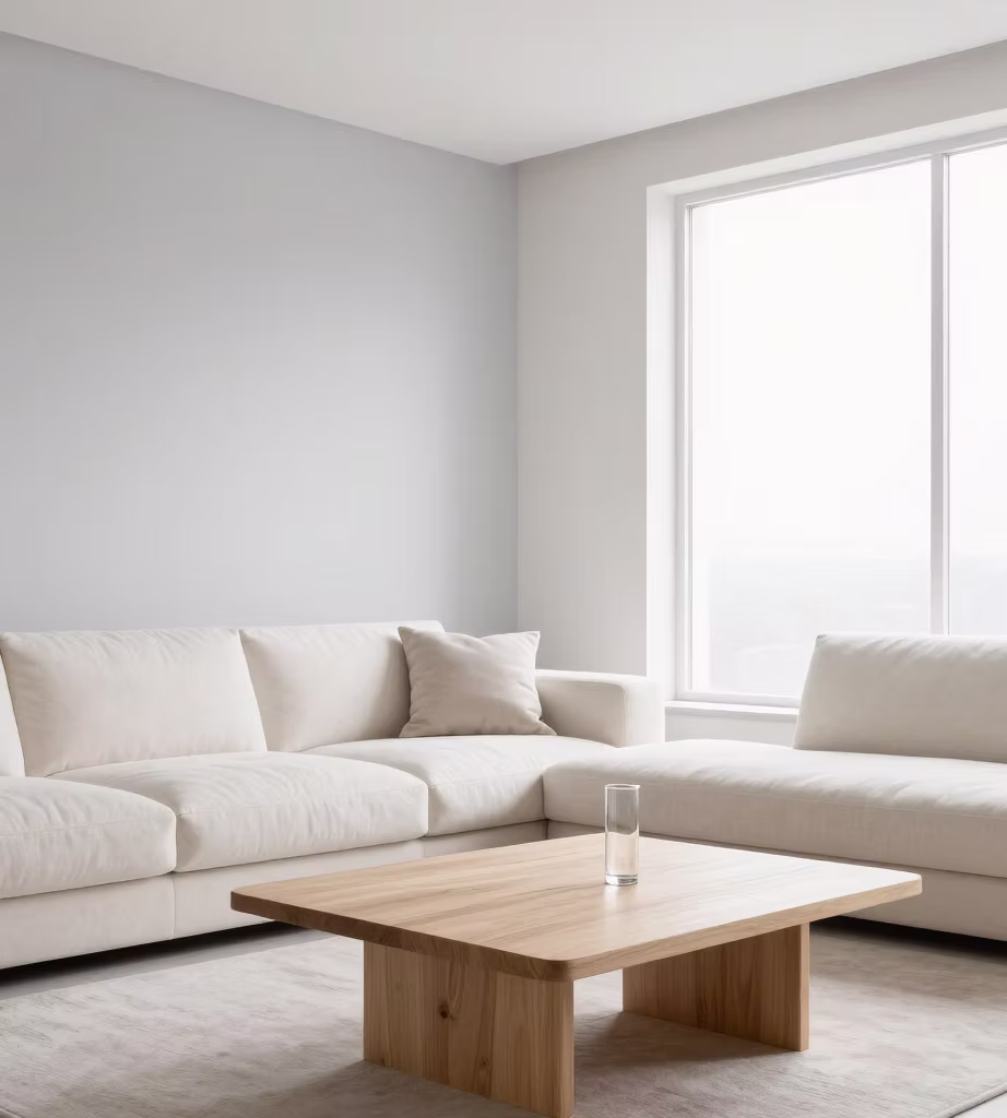A bright living room with neutral furnishings and large windows